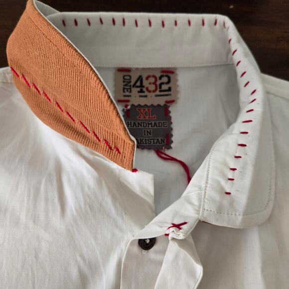 ONE432 Men's Short Sleeve Button Down Shirt Off White Blue Size XL - Picture 9 of 10